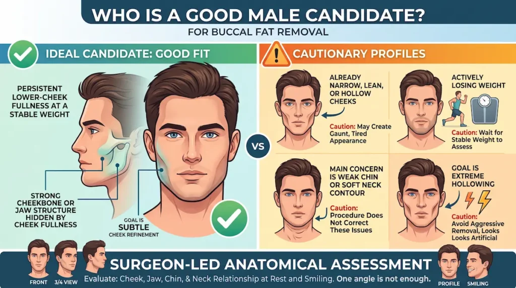 Buccal fat removal for men candidate chart showing ideal lower cheek fullness and caution profiles for lean or hollow faces.