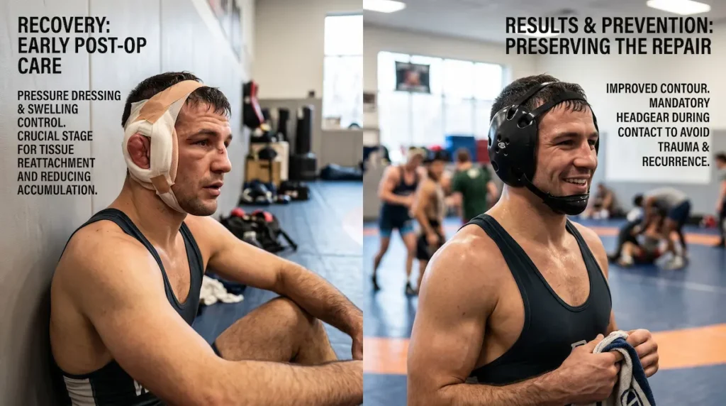 Cauliflower ear surgery recovery image showing pressure dressing after repair and protective headgear to prevent recurrence.