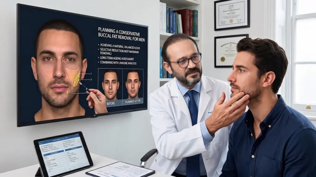 Consultation image for buccal fat removal for men showing conservative cheek planning and jawline assessment.