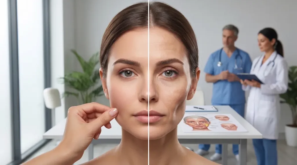 Buccal fat removal 10 years later consultation image showing cheek balance, ageing, and surgical planning.