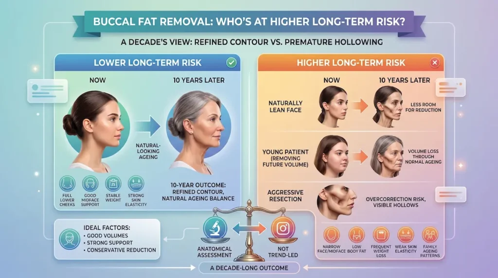 Infographic for buccal fat removal 10 years later comparing lower and higher long term hollowing risk profiles.
