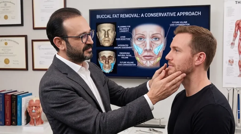 Buccal fat removal for men consultation showing conservative cheek assessment and jawline planning.