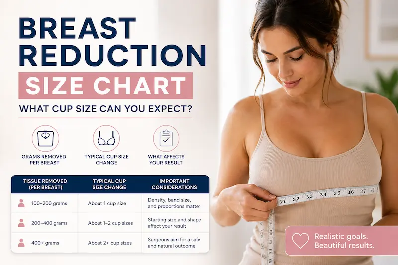 Breast reduction size chart infographic showing grams removed, typical cup size changes, and a woman measuring her chest.