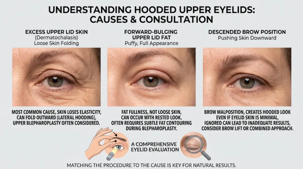 Infographic for hooded eyelid surgery showing dermatochalasis, upper lid fat, and brow descent causes.