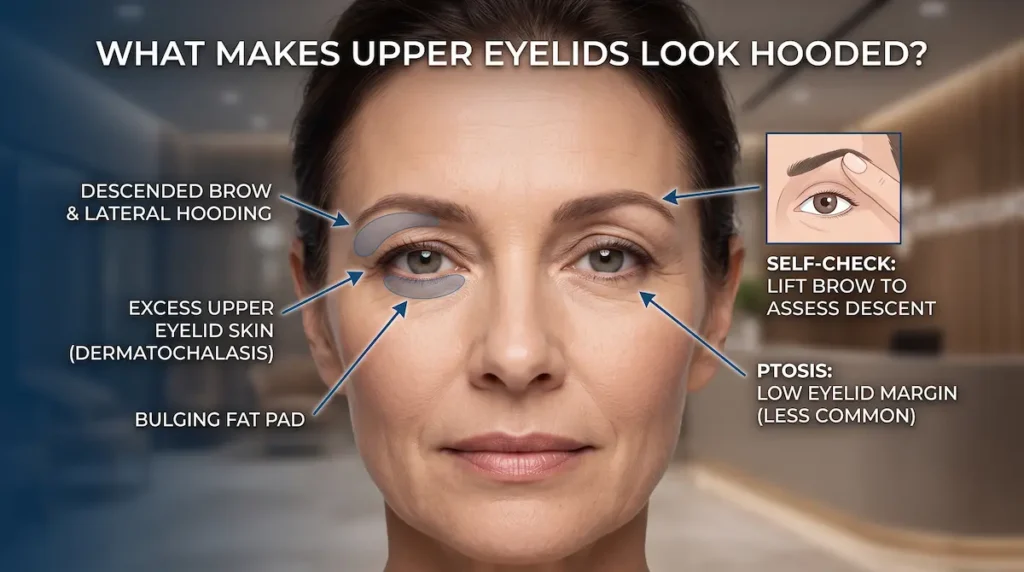Hooded eyelid surgery diagram showing dermatochalasis, brow descent, upper lid fat, and ptosis.