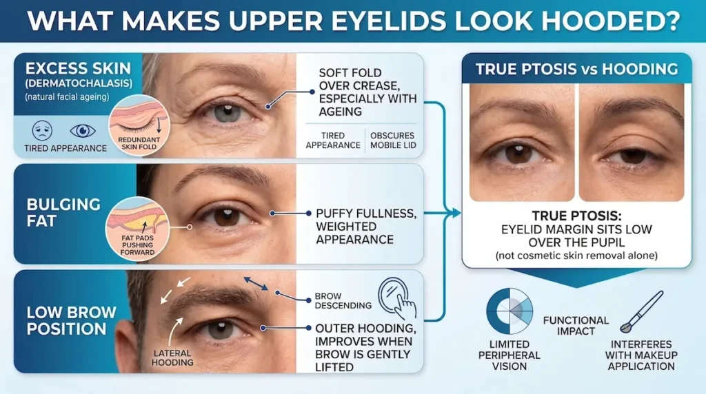Diagram explaining excess skin, bulging fat, low brow position and true ptosis in hooded eyelid surgery planning.