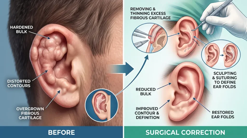 Cauliflower ear surgery illustration showing fibrous cartilage removal, reduced bulk, and restored ear folds.