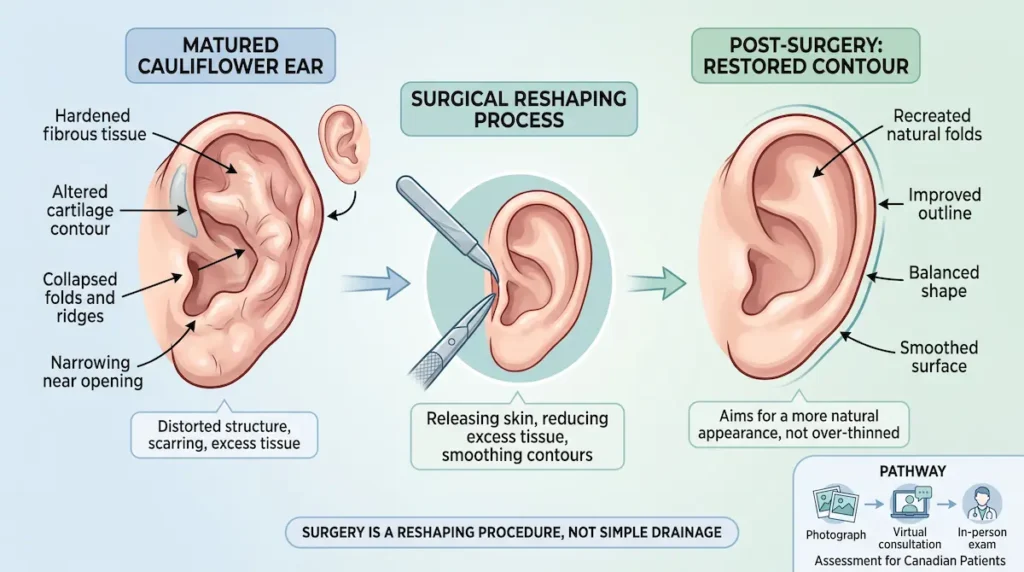 Diagram of cauliflower ear surgery showing ear cartilage reshaping from hardened tissue to restored contour.