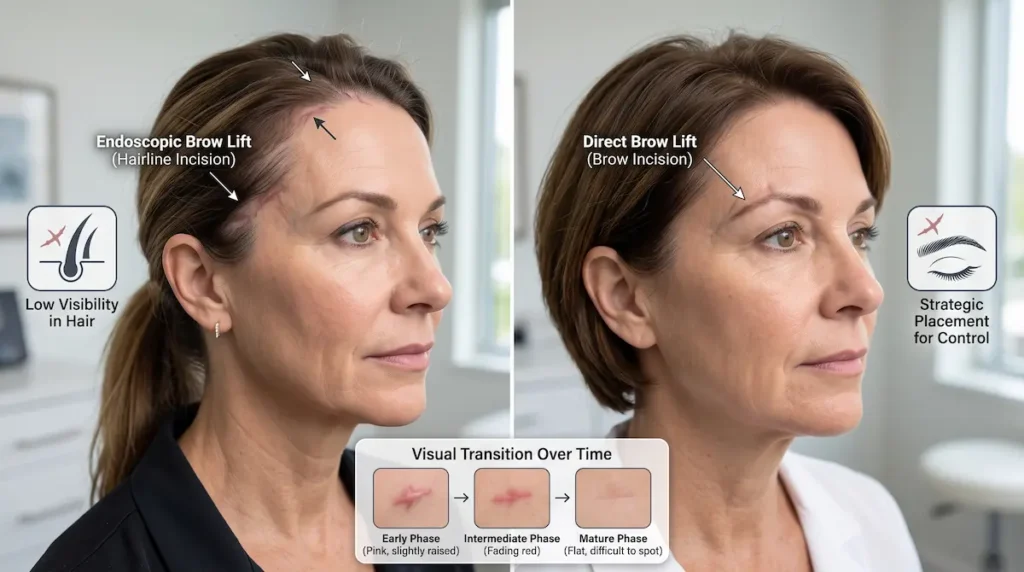 Brow lift scars comparison showing endoscopic hairline incision, direct brow incision, and scar healing phases.