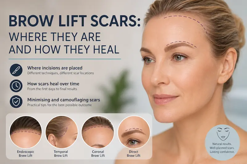 Brow lift scars infographic showing incision placement for endoscopic, temporal, coronal and direct techniques.