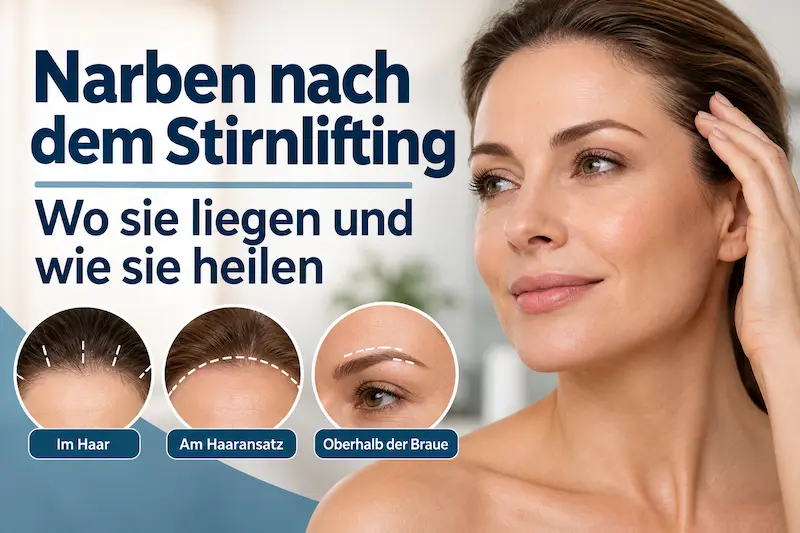Narben nach Stirnlifting: Frau mit Schnittmarkierungen im Haar, am Haaransatz und oberhalb der Braue.