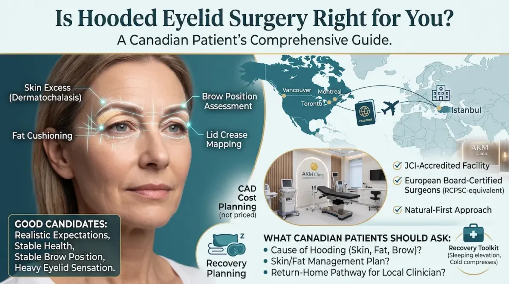 Hooded eyelid surgery candidate guide showing eyelid skin excess, brow assessment, and recovery planning.