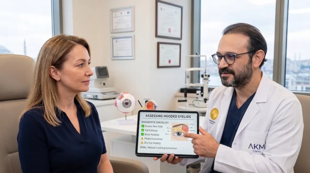 Surgeon assessing a patient’s upper lids for hooded eyelid surgery using a diagnostic eyelid checklist.