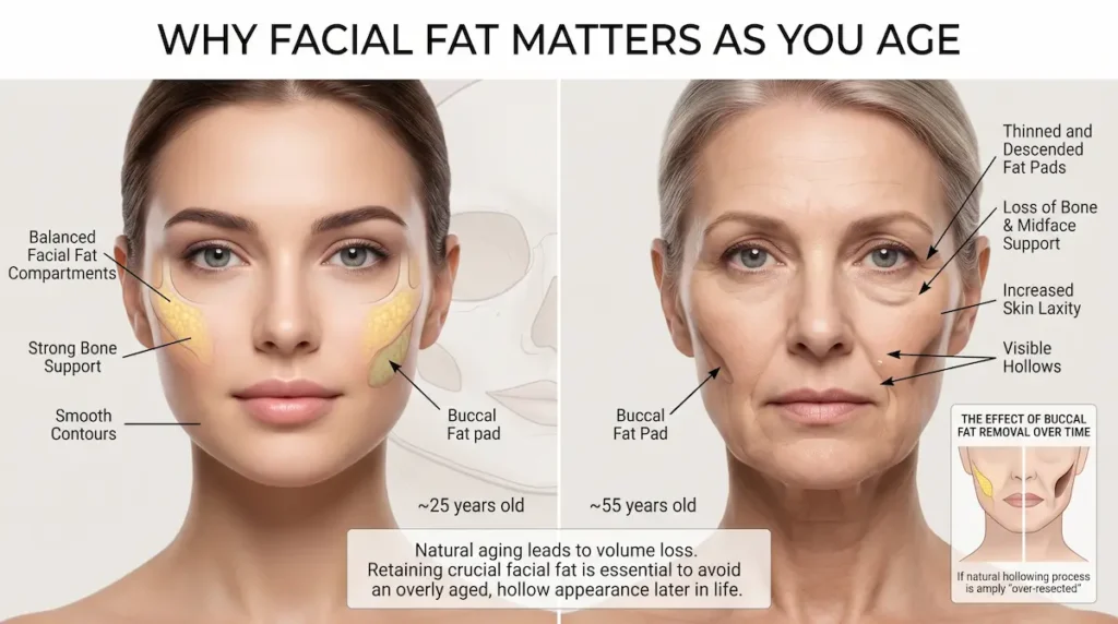 Diagram explaining buccal fat removal 10 years later with facial fat pads, bone support, skin laxity, and age related hollowing.