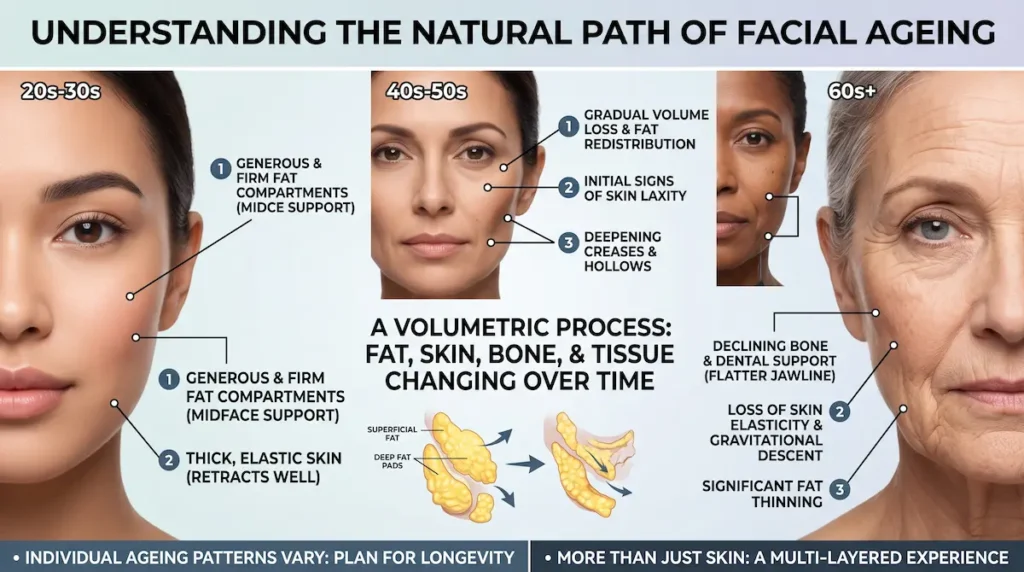 Buccal fat removal 10 years later infographic showing facial volume loss, skin laxity, and natural ageing stages.