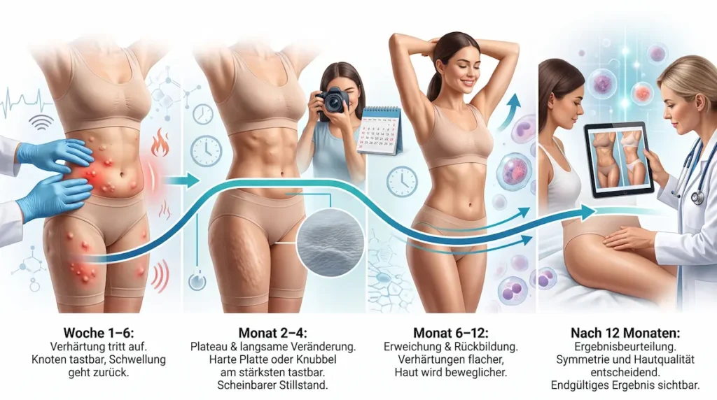 Fibrose nach Fettabsaugung als Zeitverlauf von Woche 1 bis 12 mit Verhärtungen, Rückbildung und ärztlicher Beurteilung.