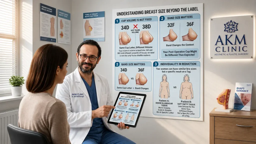 Breast reduction size chart consultation with a surgeon explaining final cup size and band size to a patient.