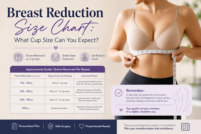 Breast reduction size chart showing grams removed per breast, sister sizes, and realistic cup size planning.