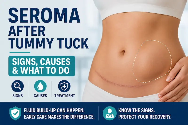 Medical graphic explaining seroma after tummy tuck, with an abdomen, fluid build-up marker and warning signs.