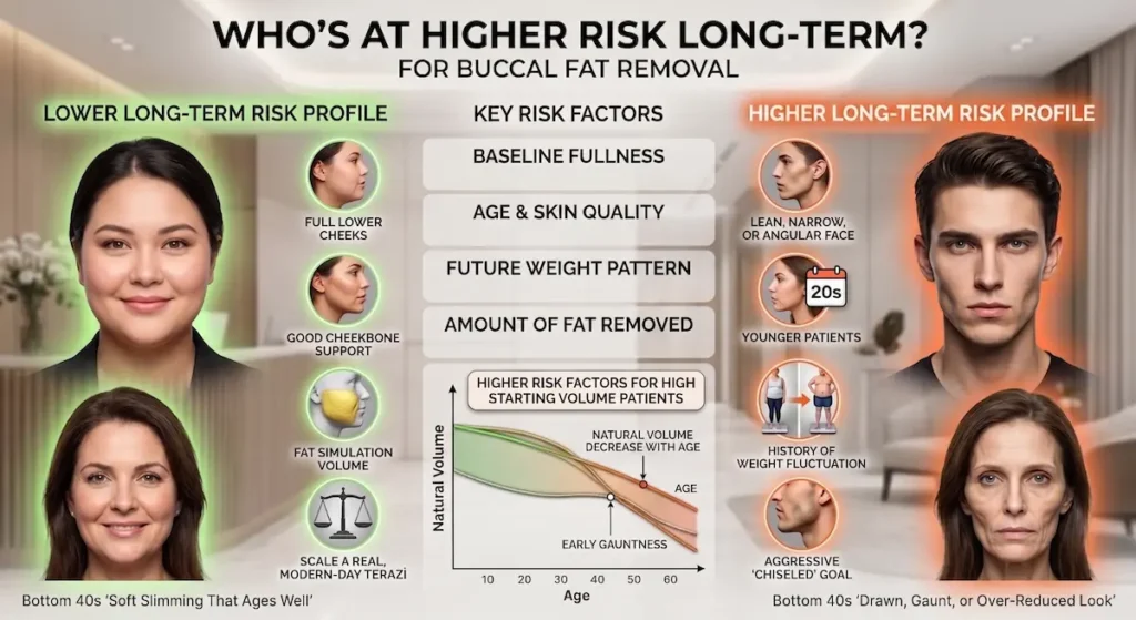 Buccal fat removal 10 years later risk profile infographic showing cheek fullness, lean faces, age, and gaunt look factors.