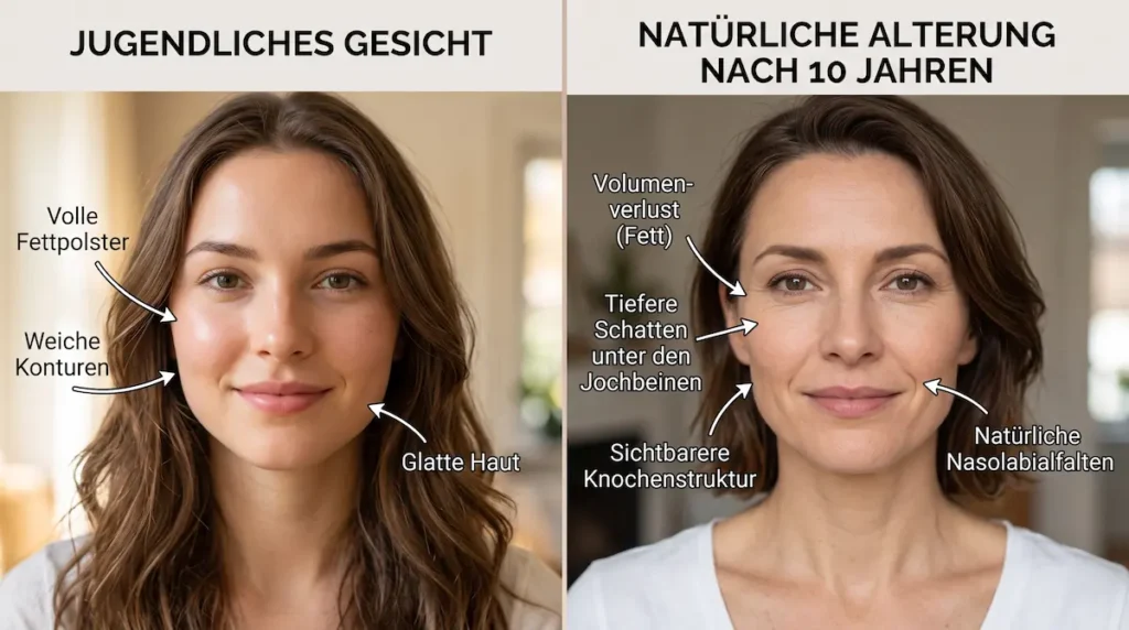 Bichektomie nach Jahren: Vergleich von jugendlichem Gesicht und natürlicher Alterung mit Volumenverlust nach 10 Jahren.