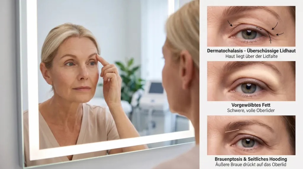 Schlupflider OP Beratung mit Spiegeltest und Ursachen hängender Oberlider wie Dermatochalasis, Fett und Brauenptosis