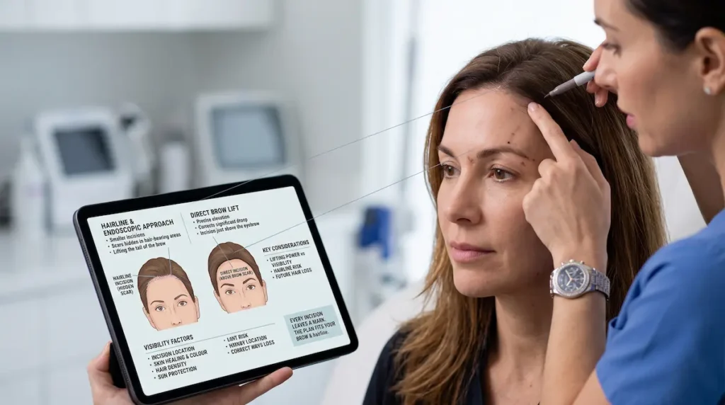 Surgeon explaining brow lift scars visibility and hairline incision planning during a clinical consultation.