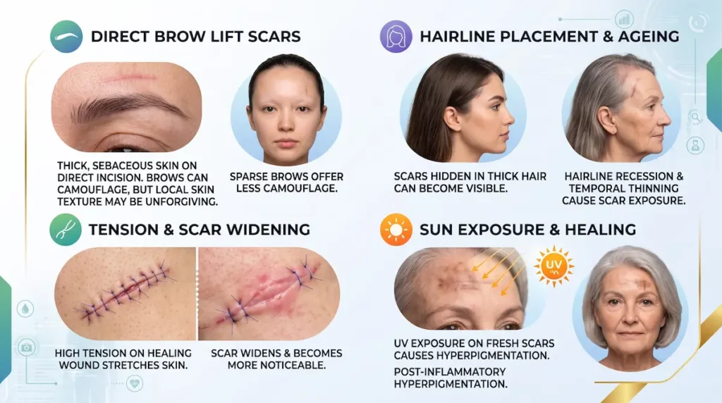 Infographic explaining why brow lift scars may show more due to tension, hairline ageing and sun exposure.
