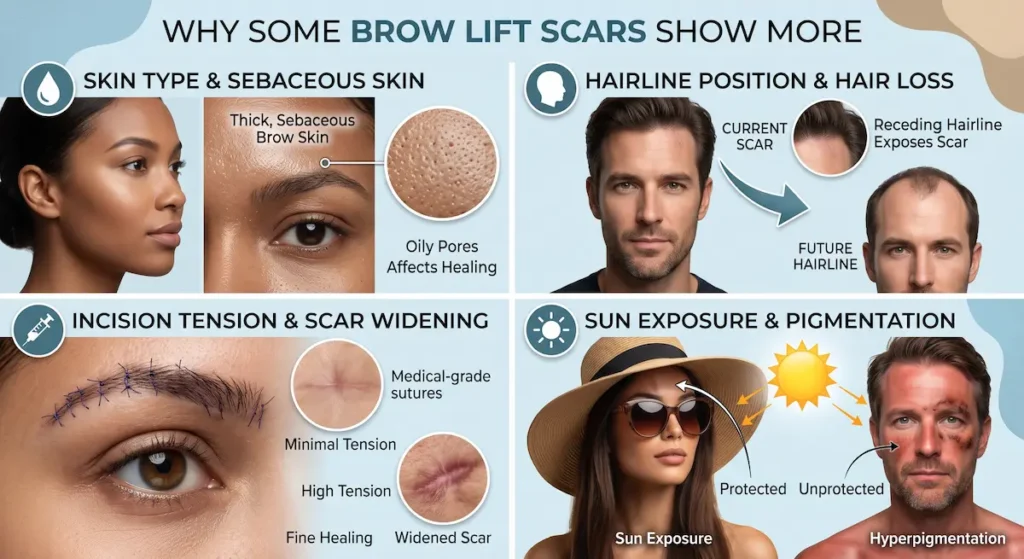 Brow lift scars infographic showing skin type, hairline loss, incision tension, sun exposure, and pigmentation risks.
