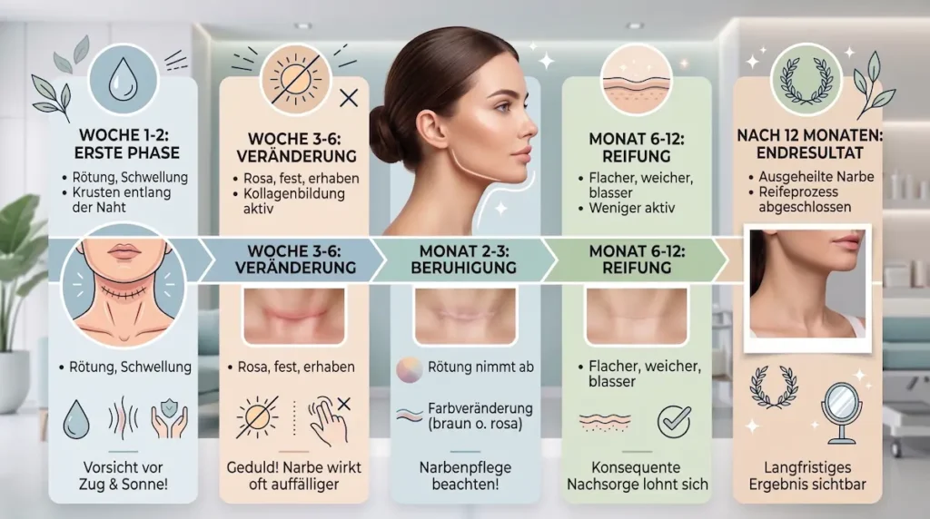Halsstraffung Narben im Heilungsverlauf von Woche 1 bis nach 12 Monaten mit Reifung und Endresultat.