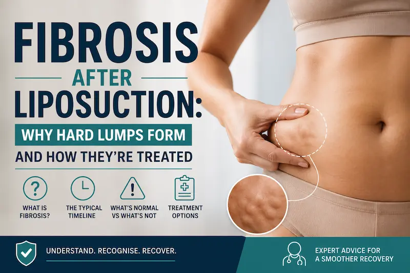 Infographic cover for fibrosis after liposuction showing abdominal firmness, hard lumps, recovery timeline and treatment options.