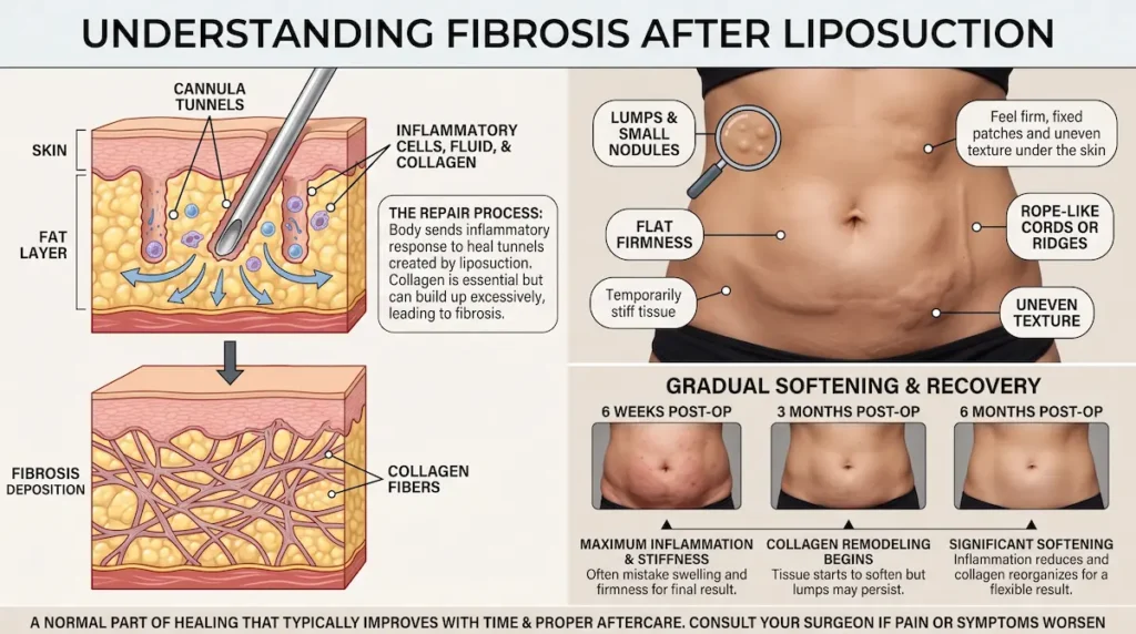 Diagram explaining fibrosis after liposuction, collagen buildup, hard lumps, and gradual tissue softening during recovery.