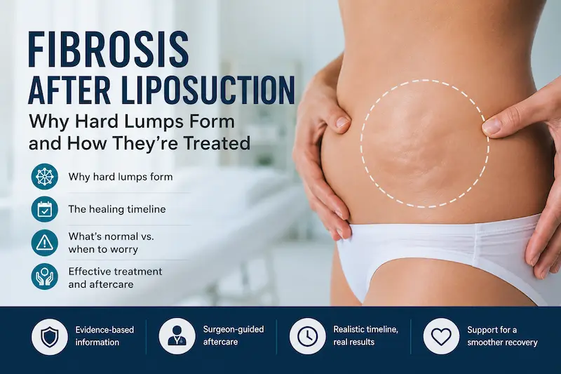 Medical cover image explaining fibrosis after liposuction, with an abdomen highlight, hard lump guidance, and aftercare icons.