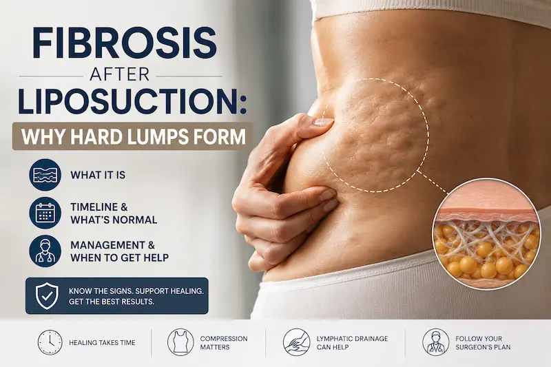 Infographic showing abdominal hard lumps, tissue fibrosis, recovery timeline, and care tips for fibrosis after liposuction.