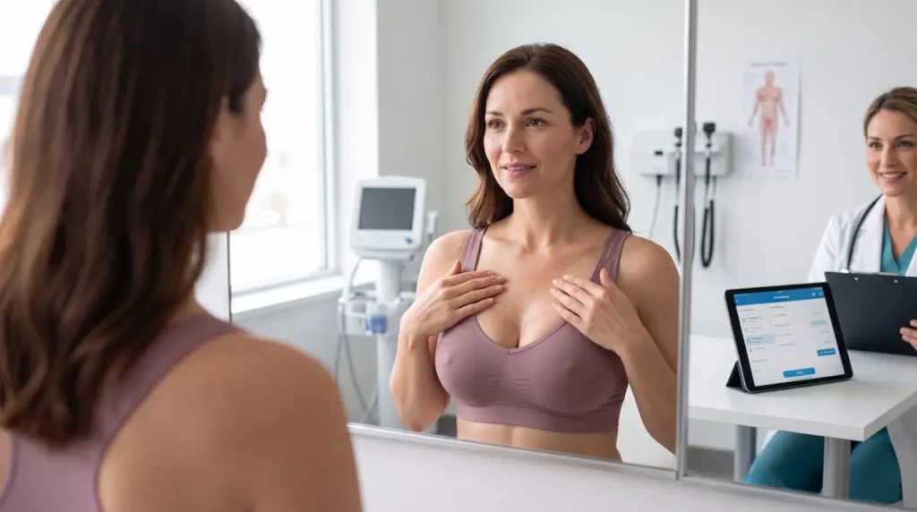 Patient reviewing breast lift scars at one year in a clinic mirror with a surgeon nearby during follow-up.