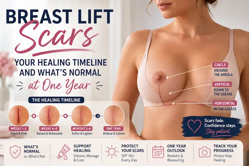 Breast lift scars healing timeline infographic showing scar stages, care tips, and what is normal at one year.