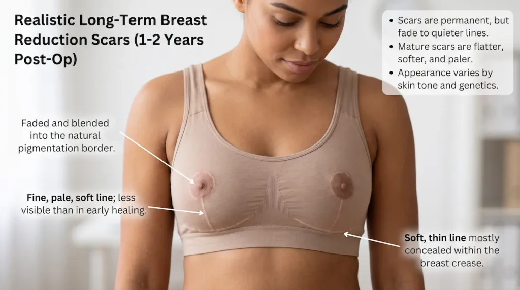 Realistic view of breast reduction scars at 1–2 years, showing faded lines around the areola and breast crease.