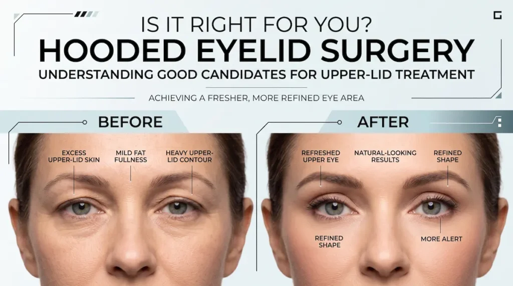 Before and after candidate guide for hooded eyelid surgery showing heavy upper lids, refreshed eyes, and natural looking results.