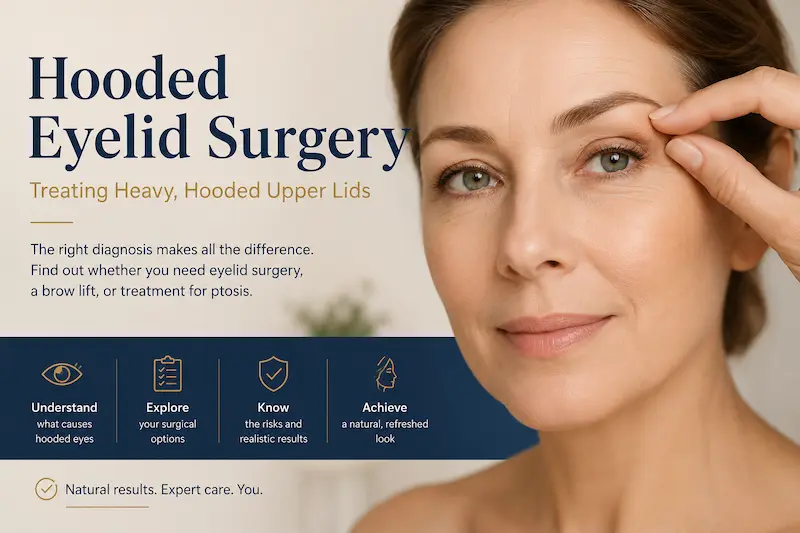Woman lifting her brow beside a guide to hooded eyelid surgery, brow lift assessment and natural upper lid results.