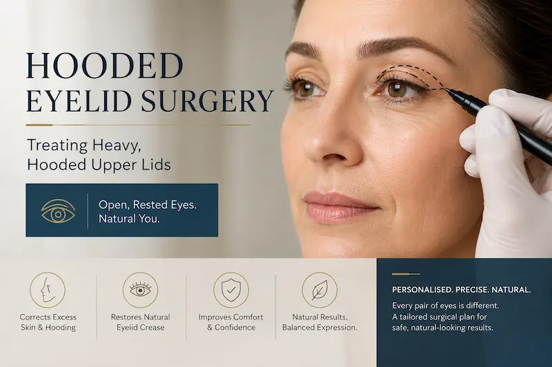 Hooded eyelid surgery planning for heavy upper lids with natural upper blepharoplasty markings.