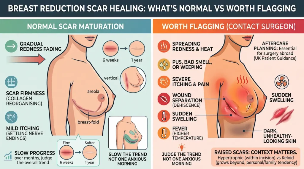 Infographic showing breast reduction scars with normal scar maturation signs and warning symptoms to contact a surgeon.