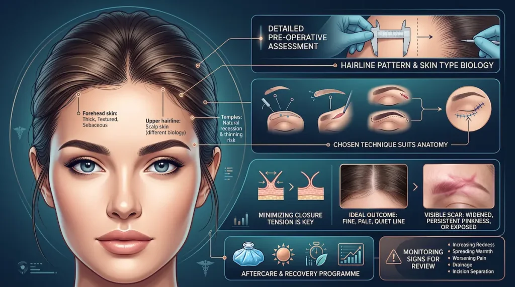 Medical illustration showing why brow lift scars may appear more visible due to hairline, skin type, and incision tension.