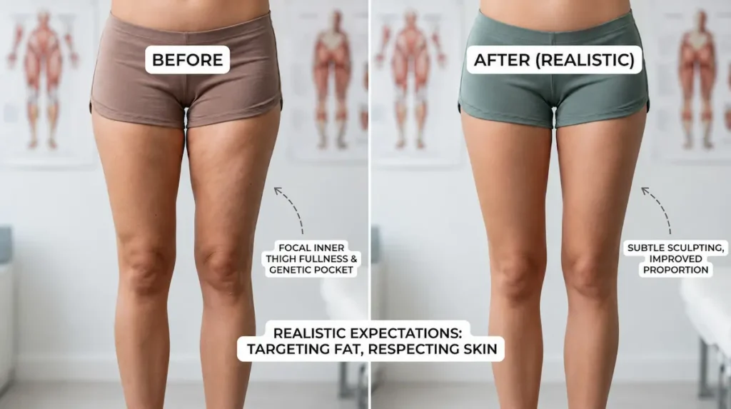 Before and after style illustration of inner thigh liposuction showing realistic fat reduction and improved proportion.