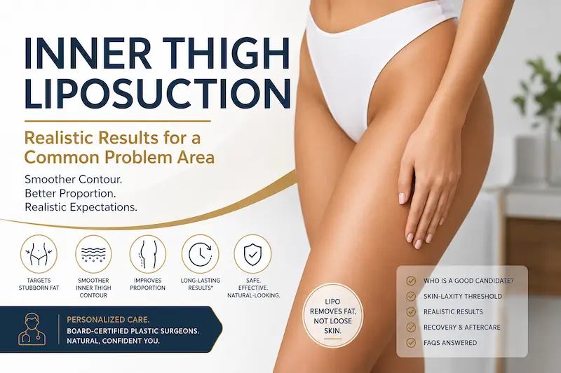 Inner thigh liposuction cover image showing realistic contour planning, skin laxity awareness, and natural thigh proportions.
