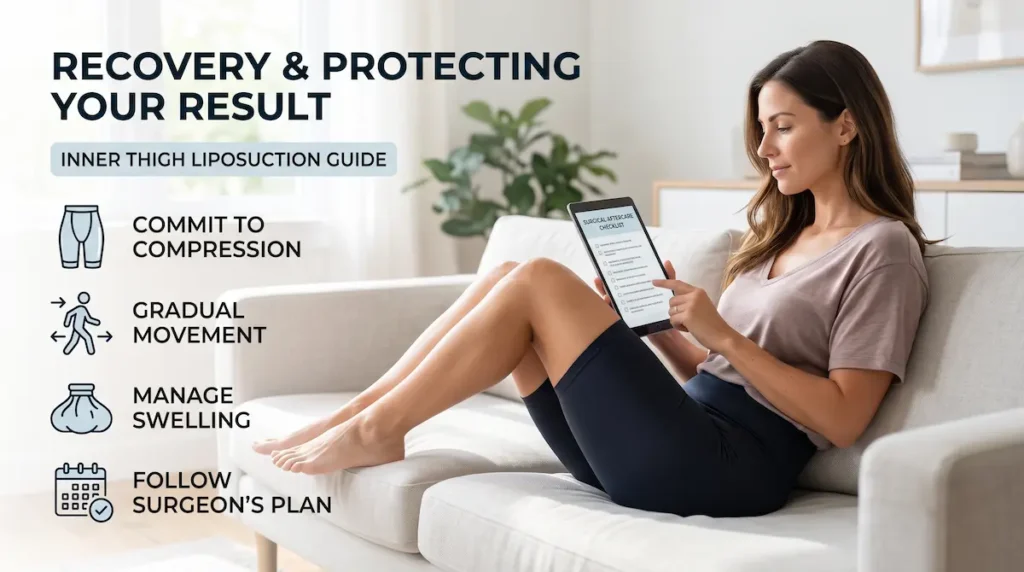 Inner thigh liposuction recovery image showing compression shorts, swelling control, gradual movement, and post op guidance.