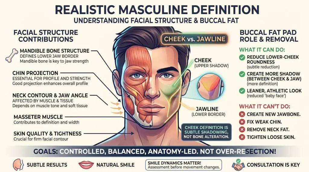 Buccal fat removal for men infographic explaining cheek vs jawline structure and realistic masculine definition.
