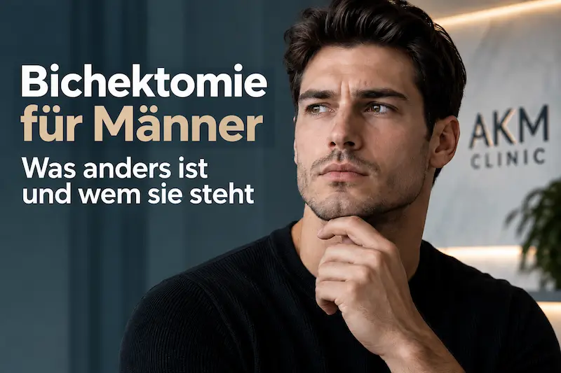 Bichektomie Männer Titelbild mit männlichem Porträt, definierter Kieferlinie und AKM Clinic Hintergrund