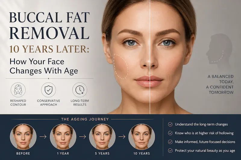 Cover image for buccal fat removal 10 years later showing cheek contour changes, facial volume loss and ageing risk.
