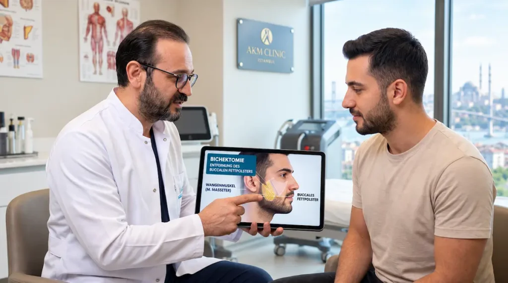 Bichektomie Männer Beratung mit Arzt, Patient und Tablet zur konservativen Planung der männlichen Gesichtskontur