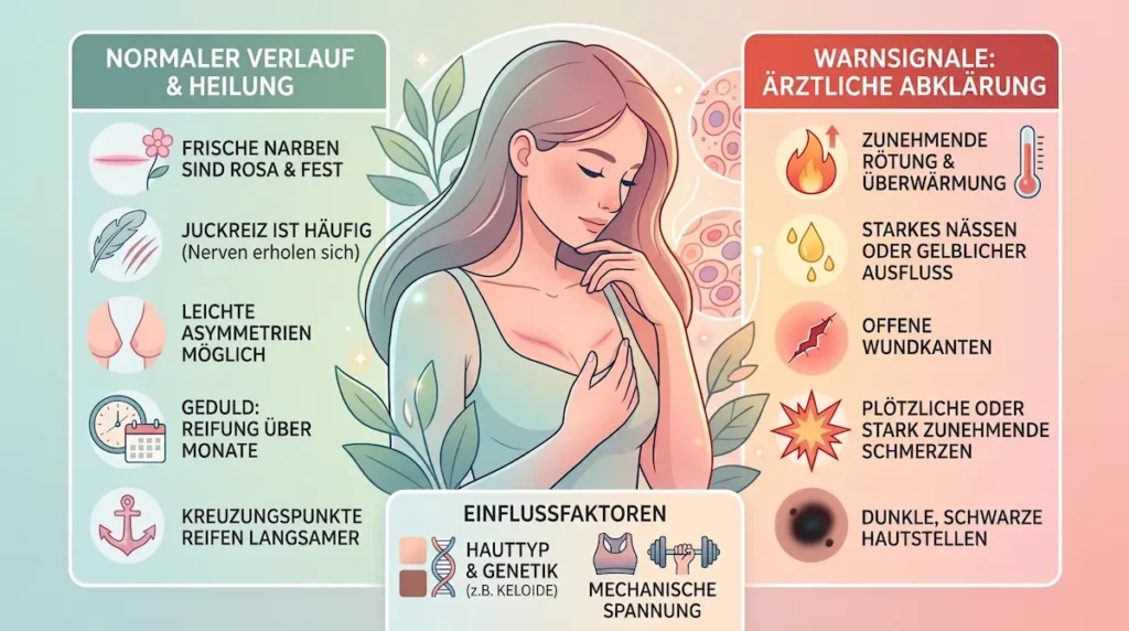 Infografik zu Narben nach der Brustverkleinerung mit normalem Heilungsverlauf, Juckreiz, Rötung und Warnsignalen für eine ärztliche Abklärung.